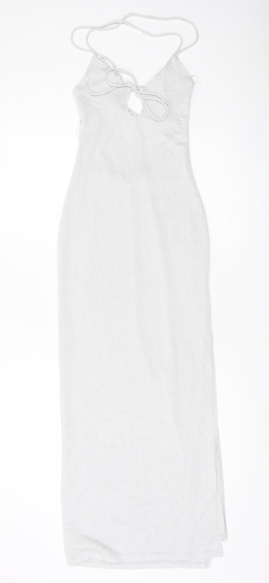 Bershka Women’s Silver XS Bodycon Midi Halter Lace Up Party Dress
