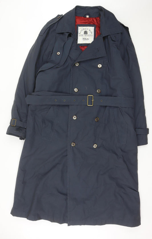 Additional front view of Debenhams unisex blue trench coat m long belted lined classic