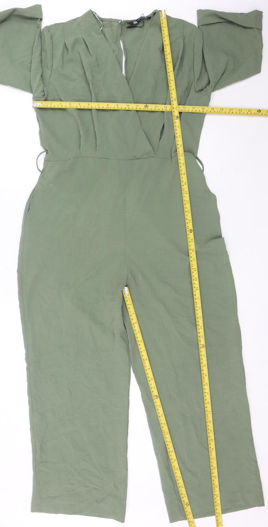 Zara Women Green L V-Neck Jumpsuit 3/4 Sleeve Straight Leg