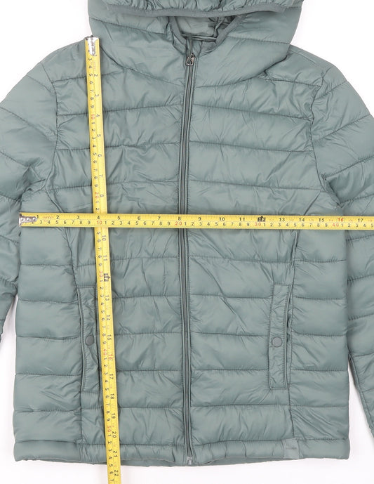 Pull&Bear Womens XS Green Puffer Jacket Hooded Lightweight Coat