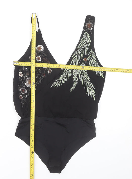 Zara Women’s Black Embroidered Bodysuit Size S V-Neck Sleeveless