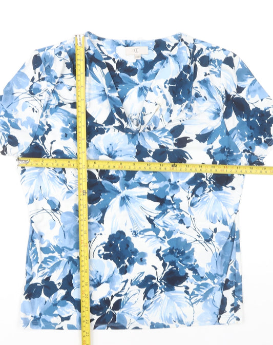 CC Women’s Blue Floral Cowl Neck Short Sleeve Tunic Blouse Size M