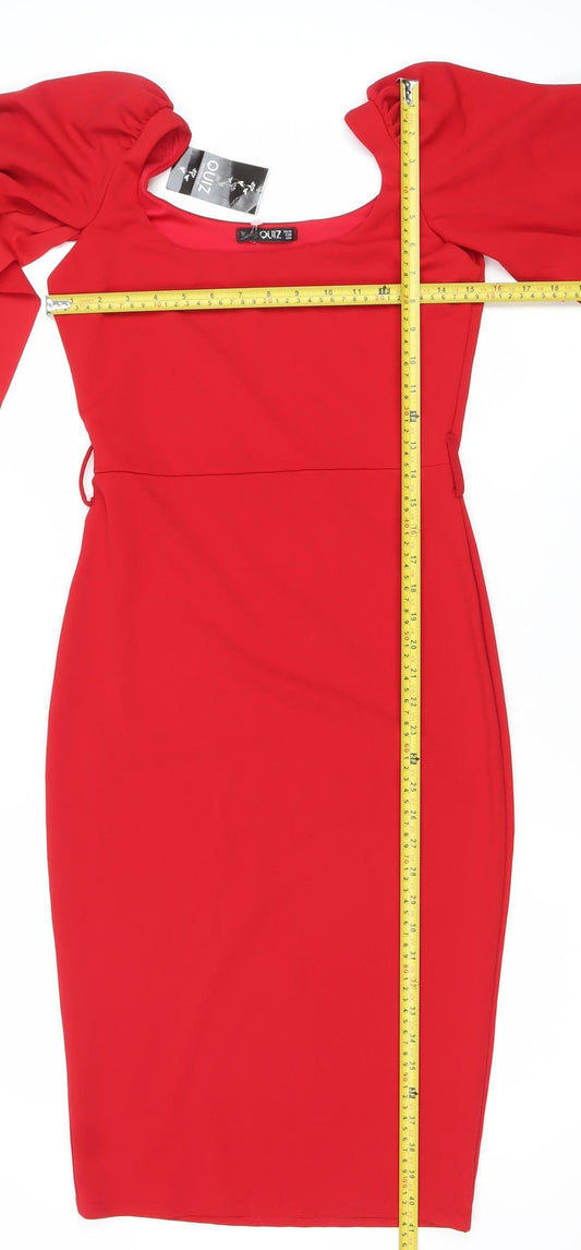 Quiz Women’s Red Bodycon Square Neck Puff Sleeve Dress Size 10