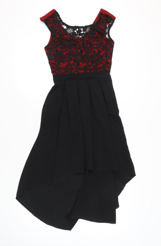 Mela London Women’s Black Red Lace A-Line Hi-Low Dress UK 8