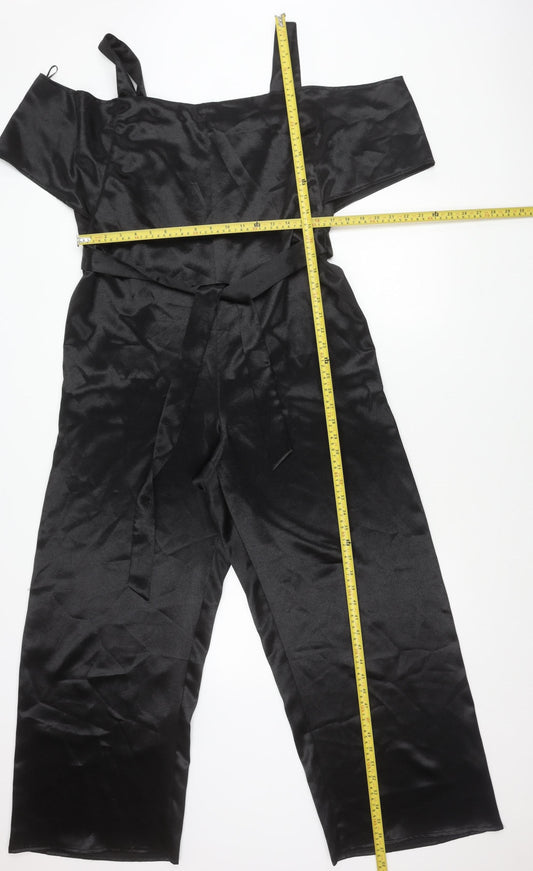 Topshop Women’s Black Satin Off Shoulder Wide Leg Jumpsuit UK 14