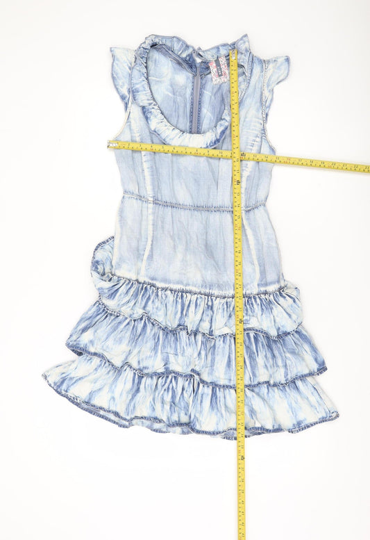 Next Womens Blue Tie Dye Sleeveless Skater Dress Size 10 Ruffle Hem