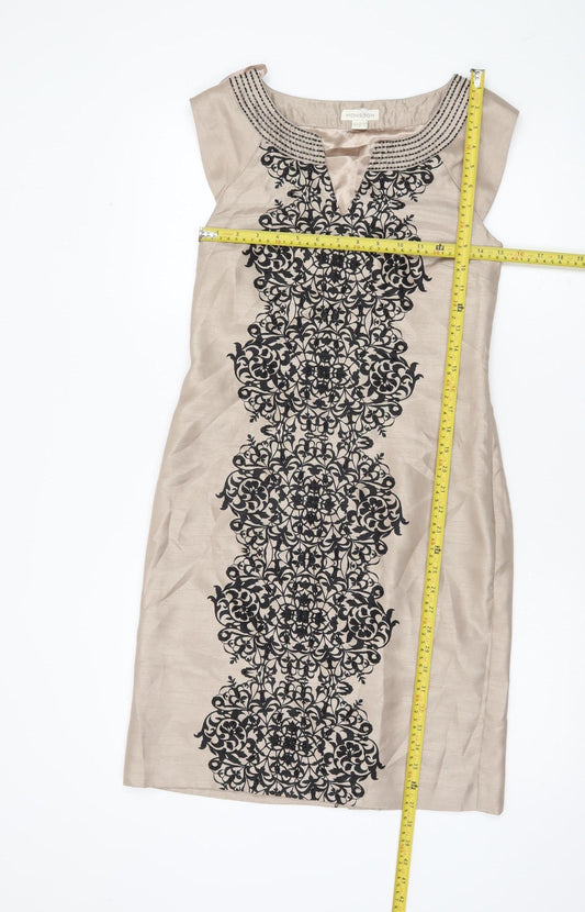 Monsoon Women’s Beige Silk Sheath Dress Size 8 Sleeveless Embroidered