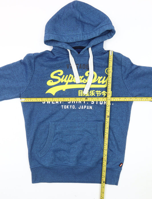 Superdry Men’s Blue Pullover Hoodie M Graphic Logo Cotton Blend
