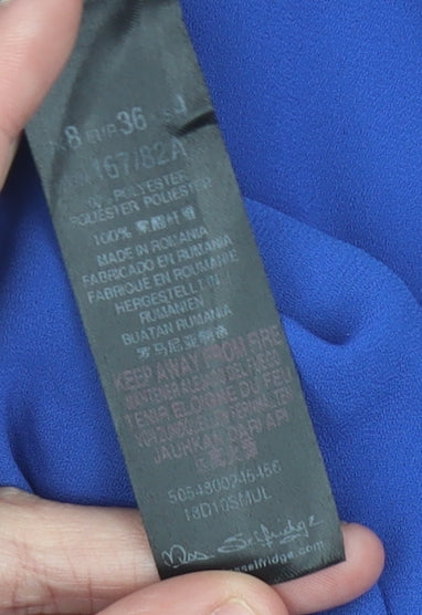 Brand and care label for Miss Selfridge Women’s Blue, size UK 8, Halter Slip Dress Ruffle Detail