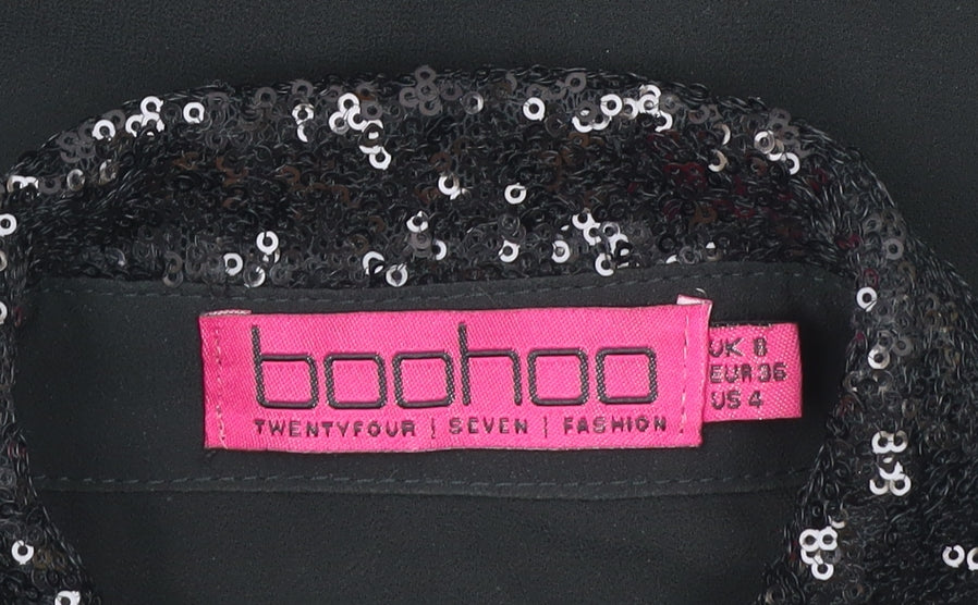 Boohoo Womens Black Sequin Sheer Long Sleeve Button-Up Blouse Size 8