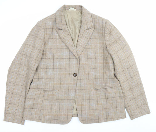 Cotton Traders Women's Beige Check Blazer Size 16 Single-Breasted Jacket