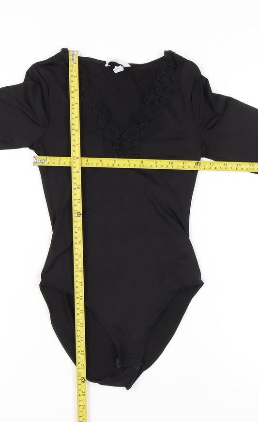 H&M Women Black XS Lace V-Neck Bodysuit Long Sleeve Stretch