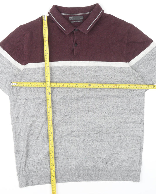 Marks and Spencer Men’s Grey Red Colourblock Polo Shirt Size L