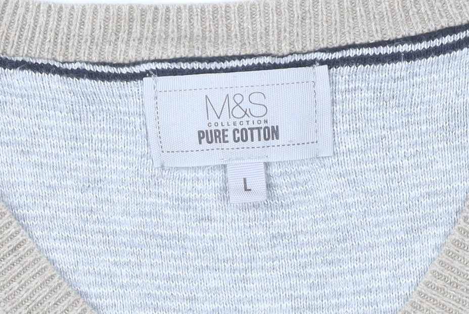 Marks and Spencer Mens Beige Cotton V-Neck Jumper Size L