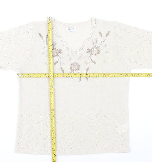 Damart Womens Ivory Floral Embroidered Knit T-Shirt Size 14