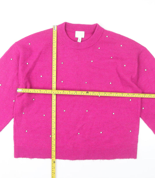 H&M Women’s Pink Beaded Crew Neck Pullover Jumper Size 12