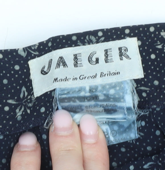 Brand and care label for Jaeger Women’s Blue Floral Silk A-Line Knee Length Skirt, size UK 10