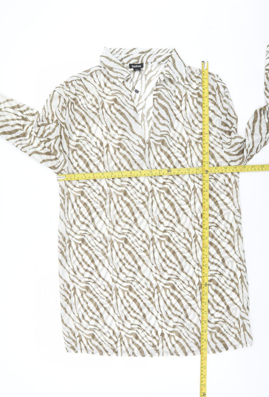 Boohoo Women’s Beige Zebra Animal Print Long Sleeve Blouse Size S