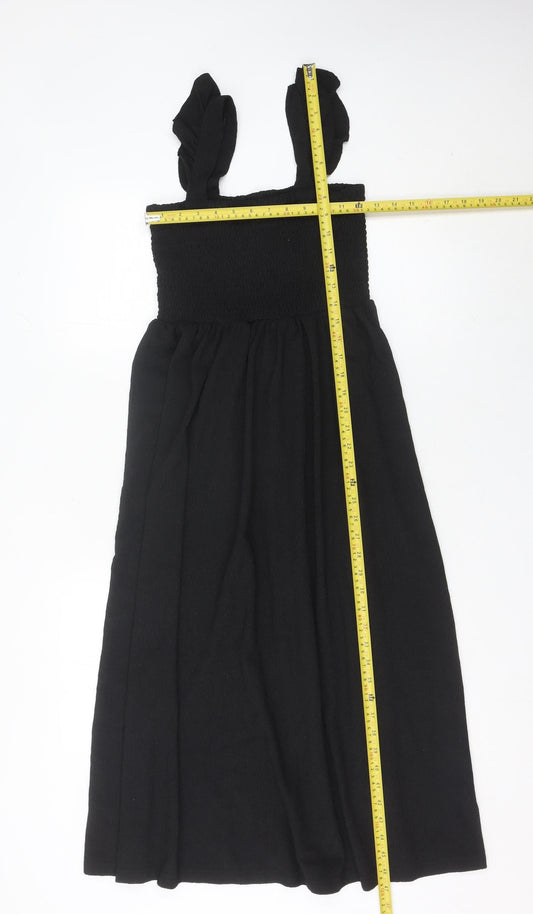 Pieces Women Black Midi Smocked Strap Dress L Summer Casual