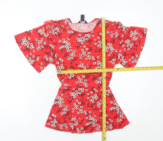 New Look Women’s Red Floral Tunic Blouse Size 6 Short Sleeve