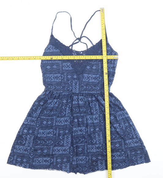 Hollister Women’s Blue Geometric Slip Dress Size M Lace V-Neck Summer