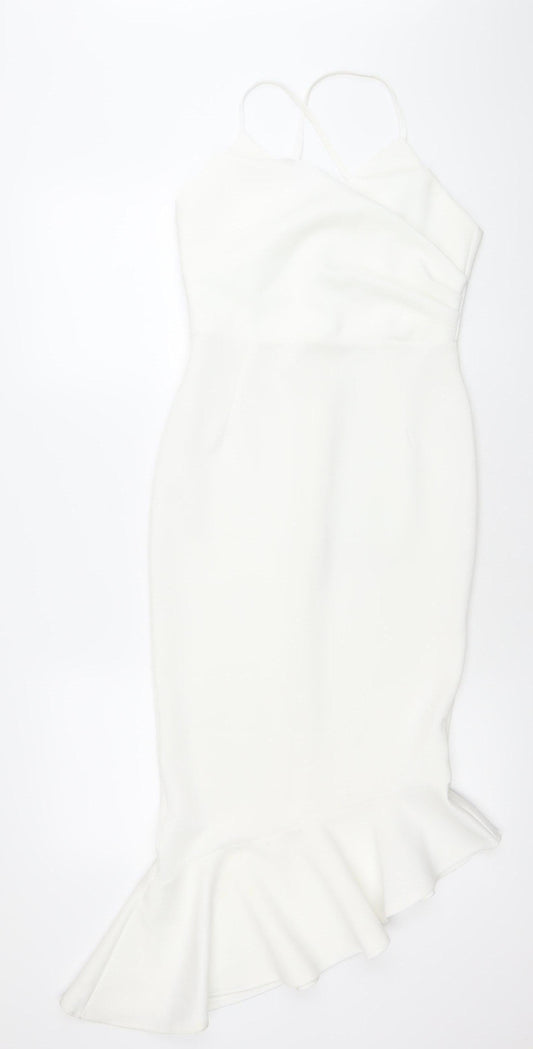 ASOS Women White Size 10 Bodycon Midi Dress Ruffle Hem V-Neck