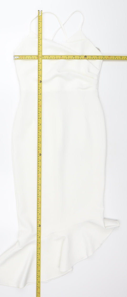 ASOS Women White Size 10 Bodycon Midi Dress Ruffle Hem V-Neck