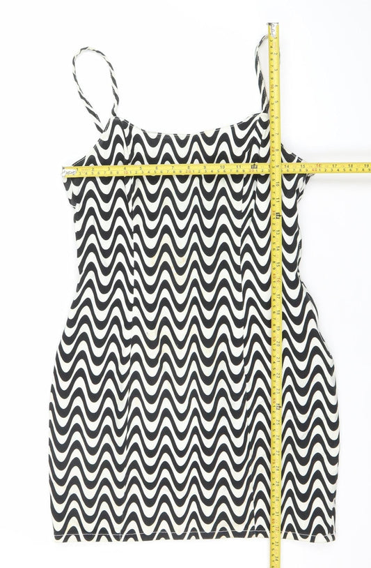 H&M Women Black White Geometric Mini Slip Dress Size 12 Cotton