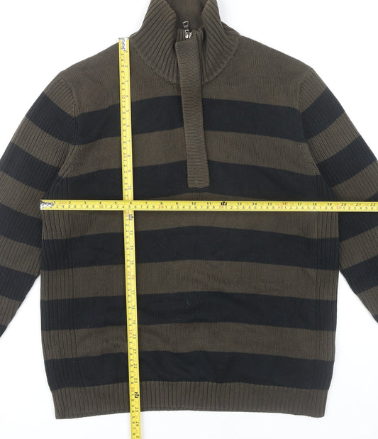 Mexx Men’s Green Black Striped Cotton Jumper M 1/4 Zip High Neck