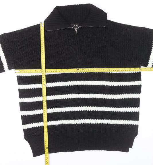 AX Paris Womens Black White Striped Collared Half Zip Chunky Knit Jumper M