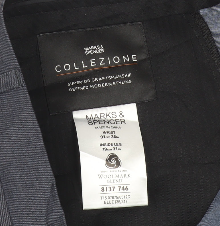 Marks and Spencer Men’s Blue Wool Blend Pleated Dress Pants 36W 31L