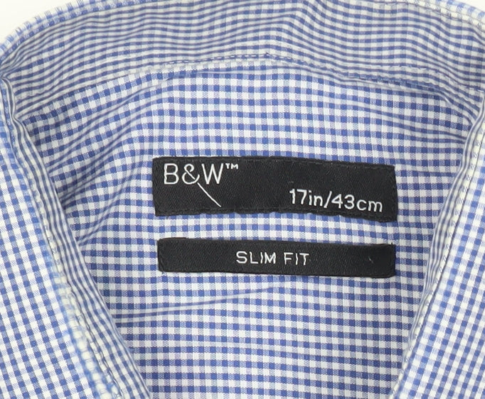 B&W Mens Blue Slim Fit Check Button-Up Shirt 17in Long Sleeve