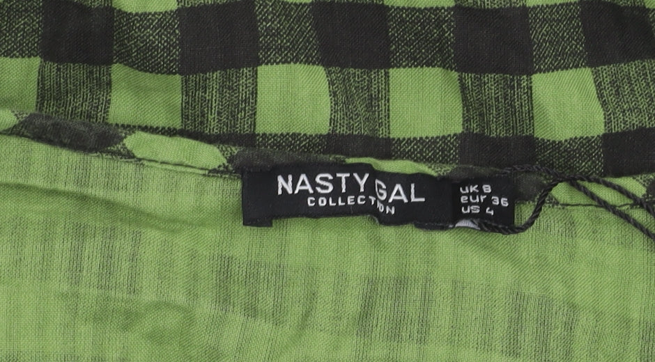 Nasty Gal Women’s Green Check Wrap Blouse Size 8 Long Sleeve
