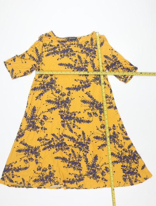 Bonmarché Women’s Yellow Floral A-Line Dress Size 12 Scoop Neck