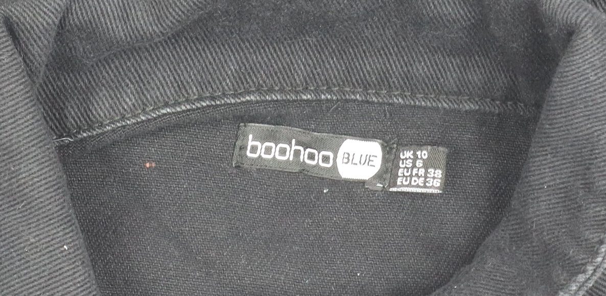 Boohoo Women Black Size 10 Denim Jacket Distressed Button Casual