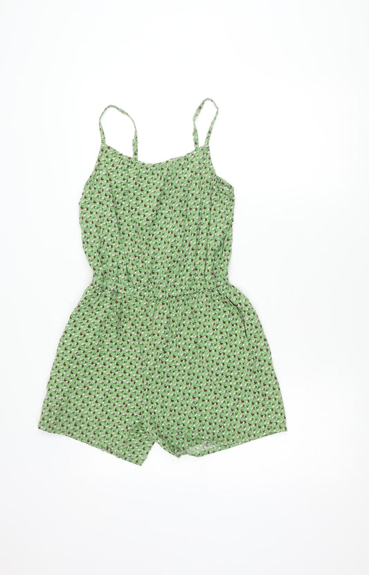 Additional front view of Uniqlo Teens Green Floral Viscose Sleeveless Playsuit, size 11-12