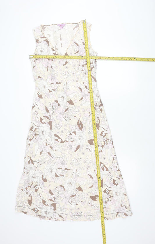 Monsoon Women’s Beige Floral Linen Sleeveless A-Line Dress UK 12