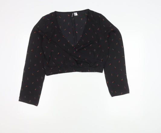Womens UK Size 12 H&M Black Cropped Wrap Blouse