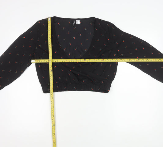 Womens UK Size 12 H&M Black Cropped Wrap Blouse