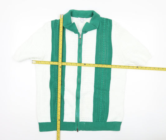 Reiss Mens XL Green White Collared Full Zip Short Sleeve Cotton Jumper