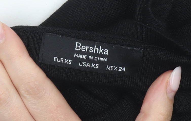 Bershka Women Black XS Studded Mock Neck Cropped Tank Top