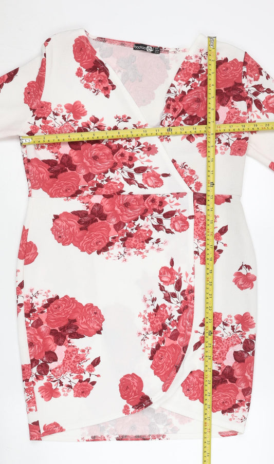 Boohoo Womens White Red Floral Wrap Dress Size 18 V-Neck Long Sleeve
