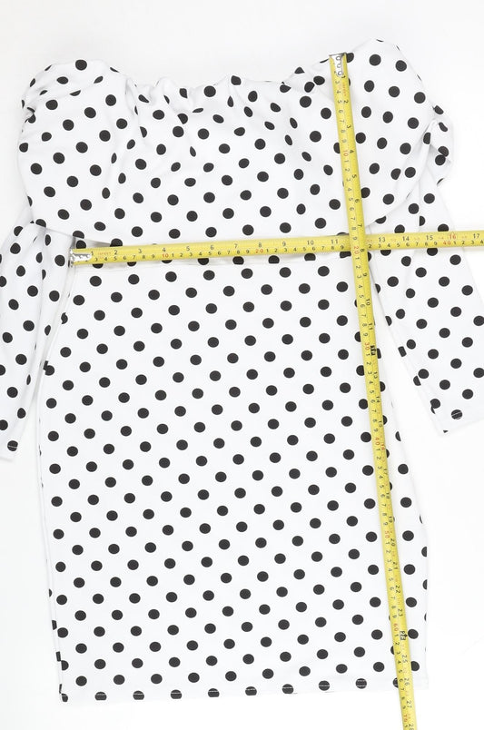 PrettyLittleThing Women White Polka Dot Bodycon Dress UK 10 Off Shoulder