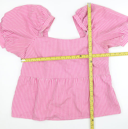 New Look Women’s Pink Check Puff Sleeve Square Neck Blouse Size 14
