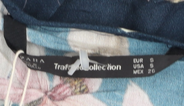 Zara Women Blue Floral Viscose Bodysuit Size 6 Long Sleeve V-Neck