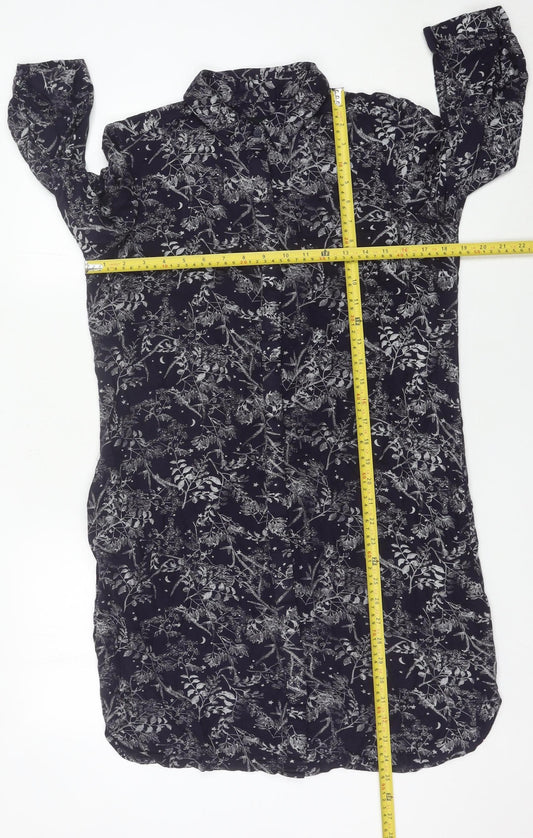 Next Womens Black Floral Shirt Dress Size 10 Collared 3/4 Sleeve