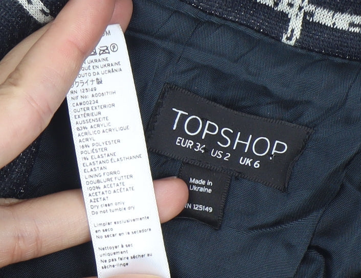 Topshop Women Black Check Blazer Jacket Size 6 Regular Woven