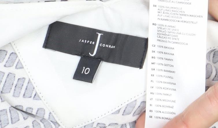 Jasper Conran Women’s White Geometric V-Neck Cotton T-Shirt Size 10