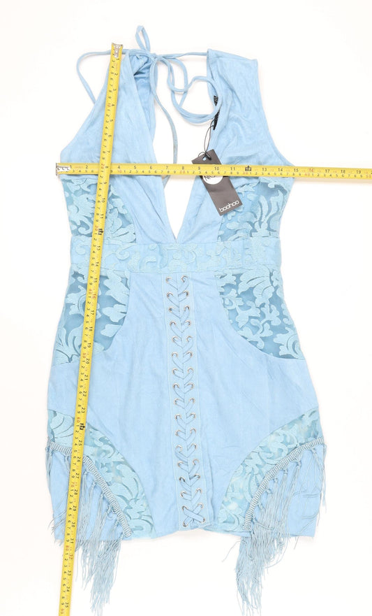 Boohoo Women Blue Halter Bodycon Mini Dress UK 10 Fringe Party