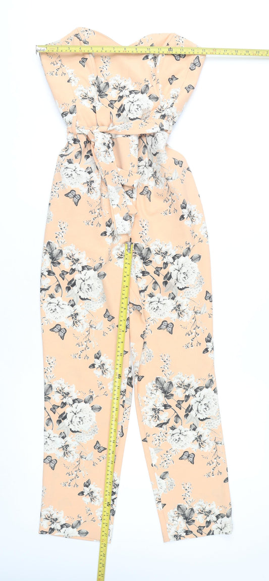 Miss Selfridge Women’s Peach Floral Jumpsuit Size 10 Strapless Belted